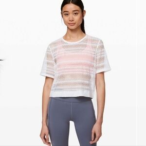 Lululemon Sweat Your Heart Out Crop Mesh Short Sleeve Top White 4 6